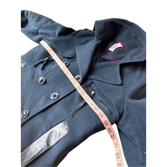 RUD By Rudsak Double Breasted Blue Pea Coat With Leather Trim Pockets - Picture 7 of 10